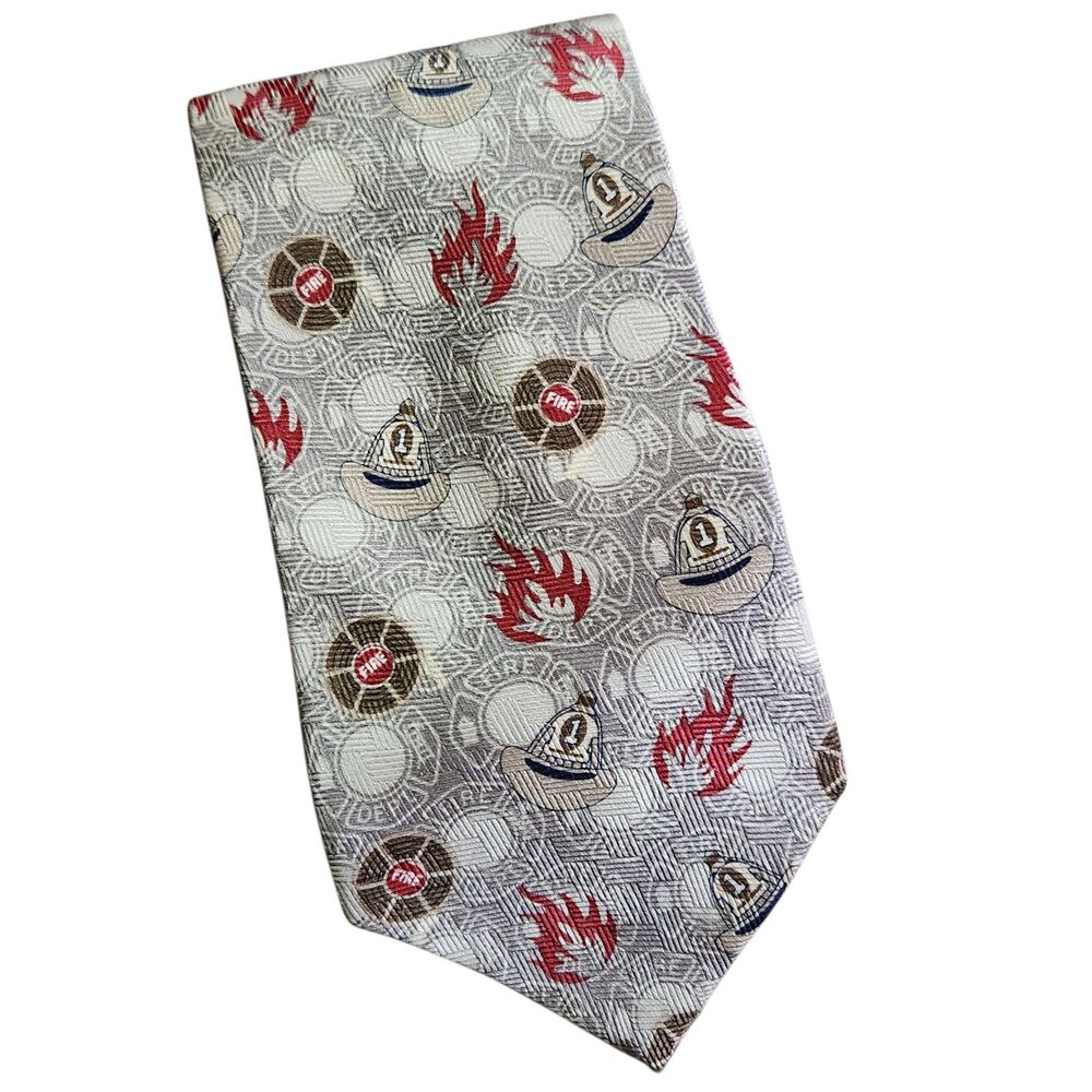 RM Style Silk Tie Firefighter Tonal Silver & White Helmets Flames 2001